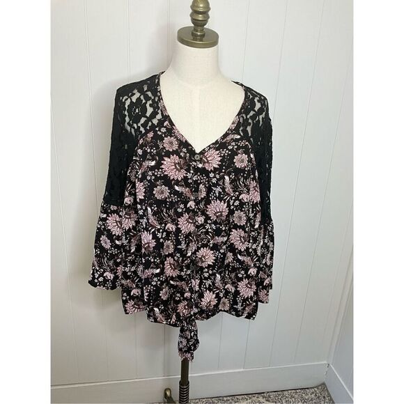 Knox Rose Tops - Knox Rose Womens Large Button Tie Front Blouse Black Floral Bell Lace Sleeves